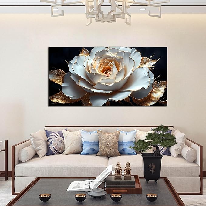 Large White Flower Canvas Wall Art for Living Room Bedroom Home Office Black and White Flower Picture Modern Canvas Prints Framed Wall Decor Artwork Size 24x48