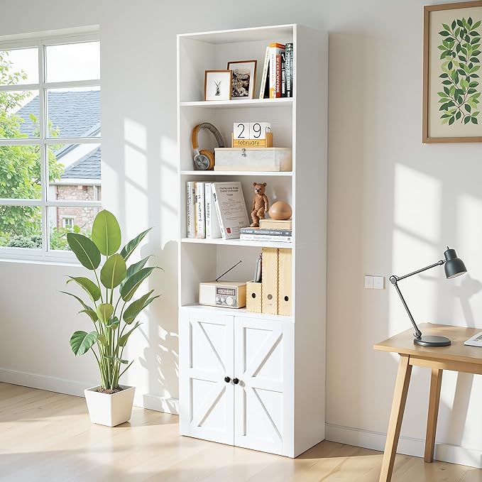 YESHOMY 6 Tier Bookcase and Bookshelf, Tall Book Shelf with Doors & Adjustable Shelves, Floor Display Storage Cabinet Home Decor for Living Room, Office, White