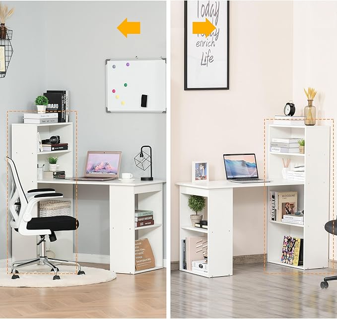 HOMCOM Modern Home Office Desk with 6-Tier Storage Shelves, 47" Writing Desk with Bookshelf, White