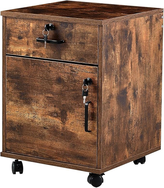 Mobile 2 Drawer File Cabinet with Lock, Wooden Under Desk Filing Cabinet with Wheels, Small Rolling Storage Cabinet for Home Office Organizer A4/Letter Size/Legal, Rustic Brown