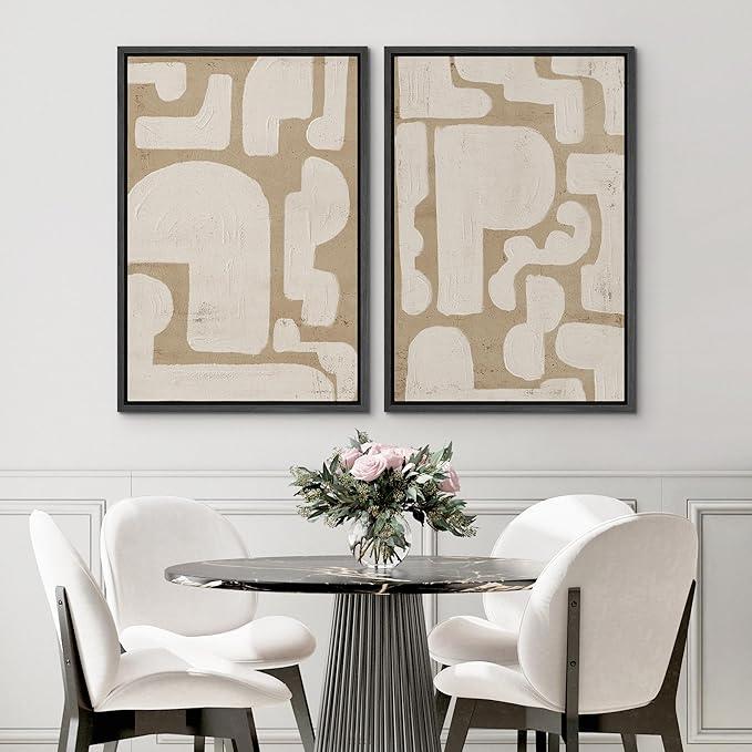 SIGNWIN Framed Canvas Print Wall Art Set Sophisticated Abstract Network Beige Interlaced Lines on White Illustrations Modern Art Minimal Relax/Calm for Living Room, Bedroom, Office - 24"x36"x2 Black