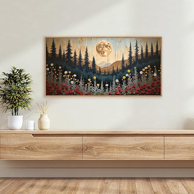 Ausril Vintage Moon Forest Framed Canvas Wall Art Set, Colorful Floral Mountain Painting, Nature Landscape Wall Decor, Wildflower Pine Tree, Modern Boho Art Print Living Room, Bedroom, Office 20"x40"