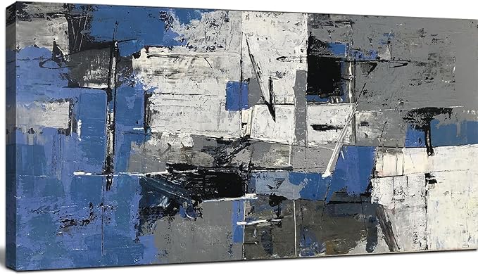 Large Abstract Wall Art for Living Room - Blue Grey and White Print Paintings -Framed Modern Canvas Artwork Decor for Bedroom Bathroom Office – Large 20"x40" Textured Artwork, Ready to Hang