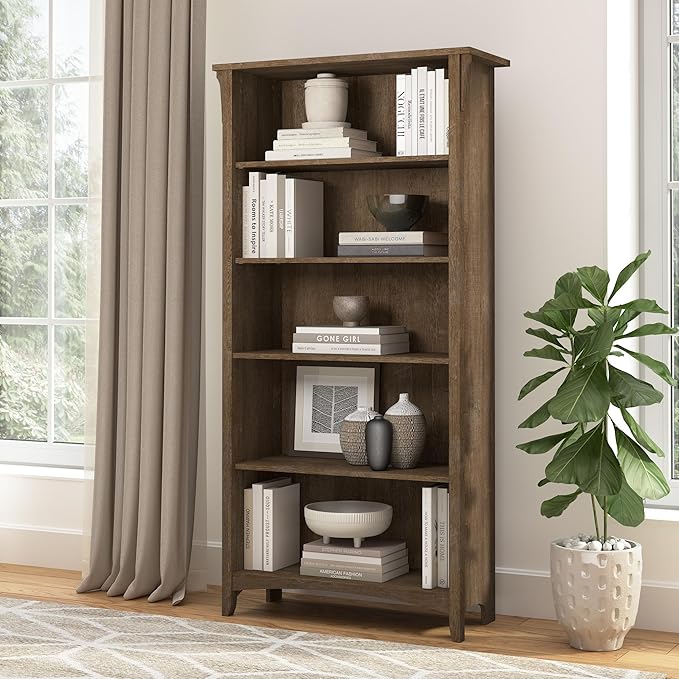 Bush Home Salinas 5 Shelf Bookcase in Ash Brown, Tall Bookshelf, Large Book Shelf for Living Room, Home Office, or Entryway