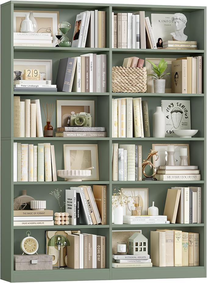 FACBOTALL Bookshelf and Bookcase, 6-Tier Double Wide Bookshelves, Freestanding Display Storage Shelves, Tall Bookcases for Home Decor Bedroom, Living Room, Home Office, Green