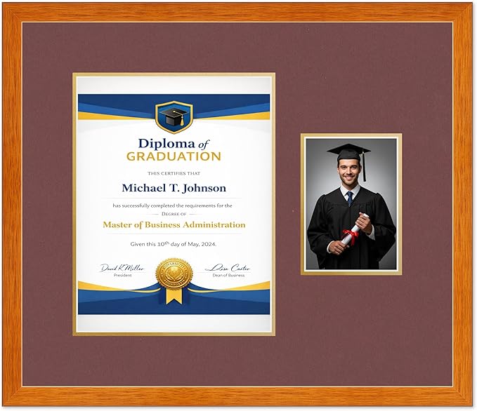 Diploma Frame With Photo Opening Honey Oak Dark Red Over Gold Mat - Fits 10 x 13 Degree and Picture Made in the USA