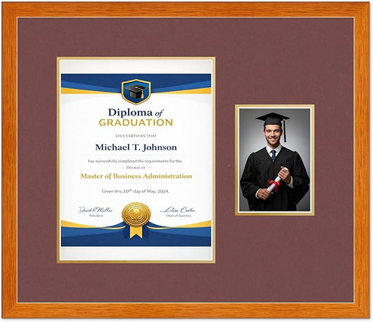 Diploma Frame With Photo Opening Honey Oak Dark Red Over Gold Mat - Fits 10 x 13 Degree and Picture Made in the USA