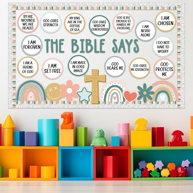 Christian Bulletin Board Decorations Set Inspirational Bulletin Board Set Motivational Boho Rainbow Bible Verse Paper Cutouts Decorations for Classroom Sunday School VBS Home Church Supplies