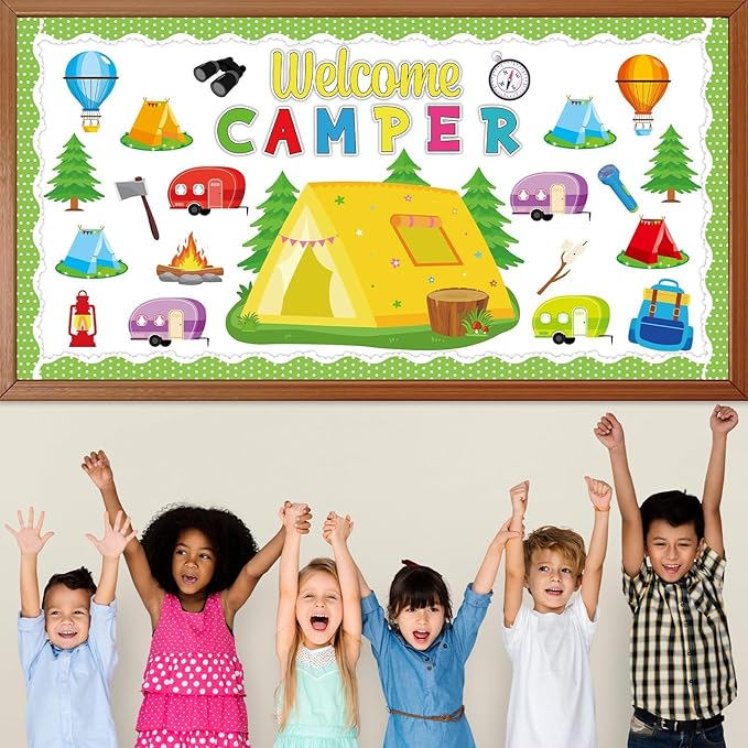 Camping Bulletin Board Set Happy Camper Trim Classroom Border Decorations VBS Tent Vintage Trailers Cutouts Welcome Camper for Back to School Summer Camping Nursery Chalkboard Wall Door Decor