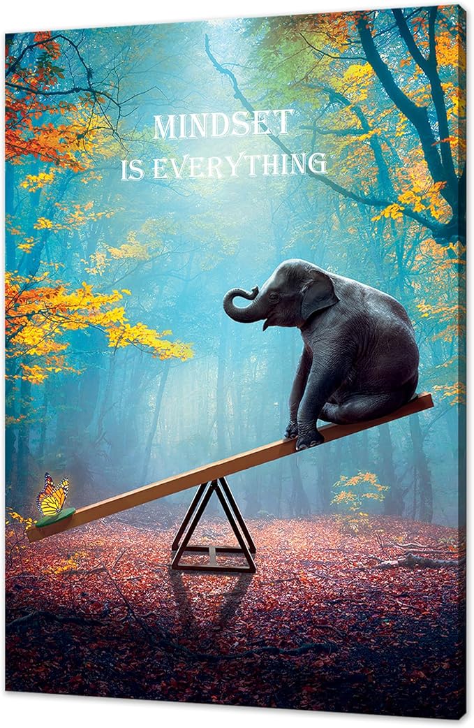 SKASNFAI Elephant Wall Art Mindset Motivation Office Wall Canvas Animals Poster Framed Artwork for Living room Ready to Hang (12x16 inch)