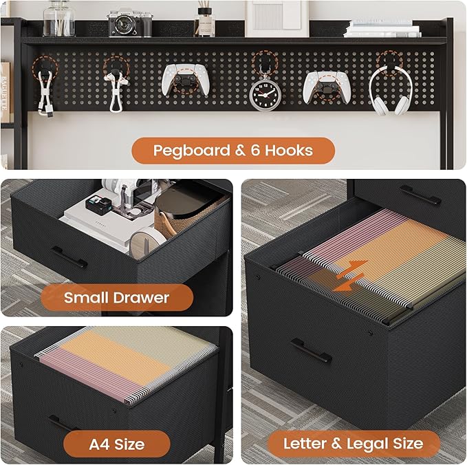 Gaming Desk with Hutch, 65in Reversible Computer Desk with Power Outlets LED Light, Home Office Desk with Monitor Stand 2 Drawers 4 Storage Shelves Pegboard 8 Hooks Mouse Pad (Black)