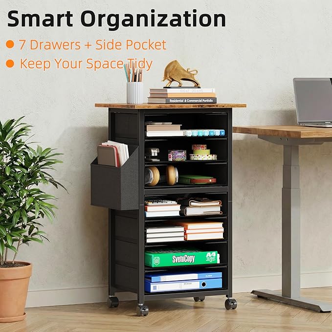 7 Fabric Drawers File Cabinet with Side Pocket, Rolling Printer Stand with Storage for Home Office, Wood Top Storage Cabinet for Documents and Crafts, Rustic Brown, 15" D