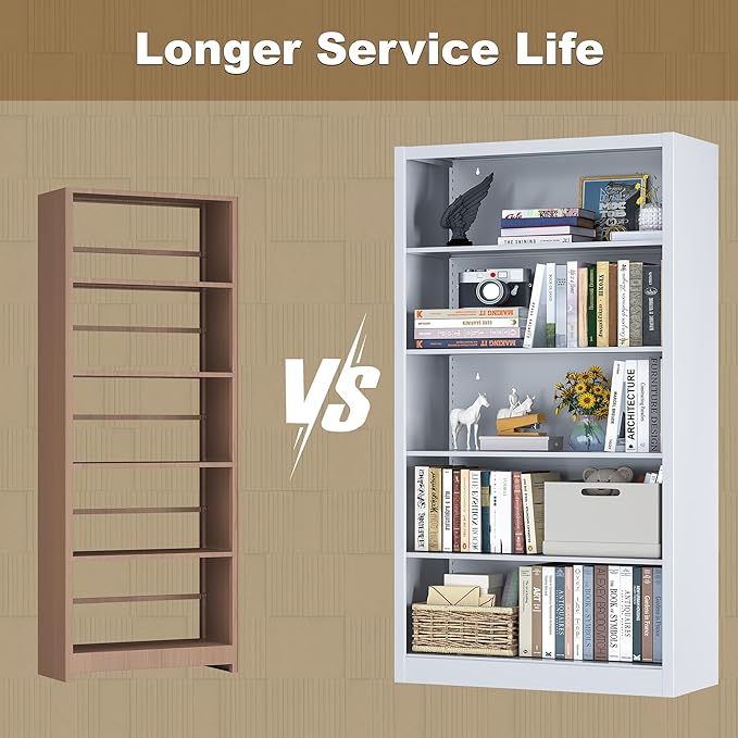Bookcase, 5 Shelf Bookcases for Books, Garage Kit, CDs, Toys, Bookshelves and Bookcases for Home Office Library Living Room, Metal Book Case with Adjustable Shelves