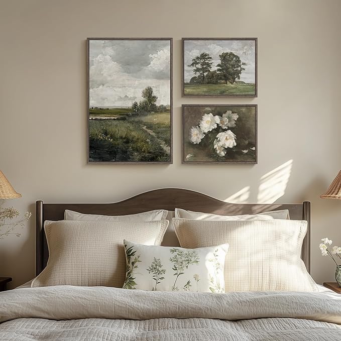 3 Piece Framed Vintage Canvas Wall Art Set, Large Green Floral and Tree Landscape Farmhouse Painting Print, French Country Retro Flower Artwork Decor for Living Room, Bedroom and Fireplace
