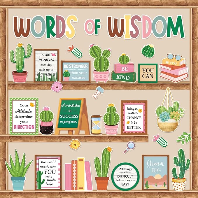 57 Pcs Cactus Bulletin Board Set Inspirational Summer Bulletin Board Decoration Positive Cutout Classroom Decoration for School Office Home Teacher Classroom Wall Supplies