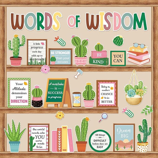 57 Pcs Cactus Bulletin Board Set Inspirational Summer Bulletin Board Decoration Positive Cutout Classroom Decoration for School Office Home Teacher Classroom Wall Supplies