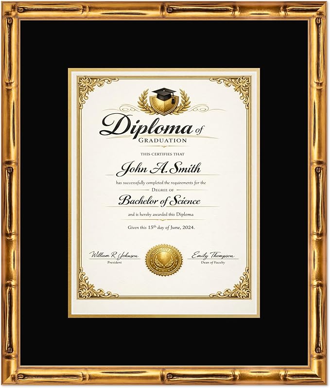 CountryArtHouse Diploma Frame Fits 10 x 13 College Diploma (Portrait Traditional) - Keepsake Graduation Displ Gold Bamboo Genuine Hardwood with Black Over Metallic Gold Double mat