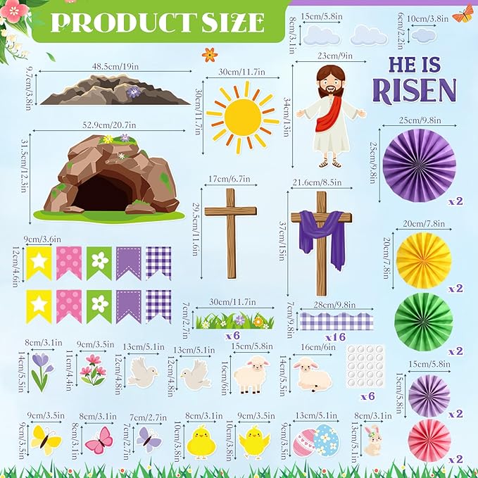 Eersida Easter Bulletin Board Decorations with Paper Fans 3D Christian Easter Classroom Bulletin Board He is Risen Cutouts for School Library Church Blackboard Window Wall Decor