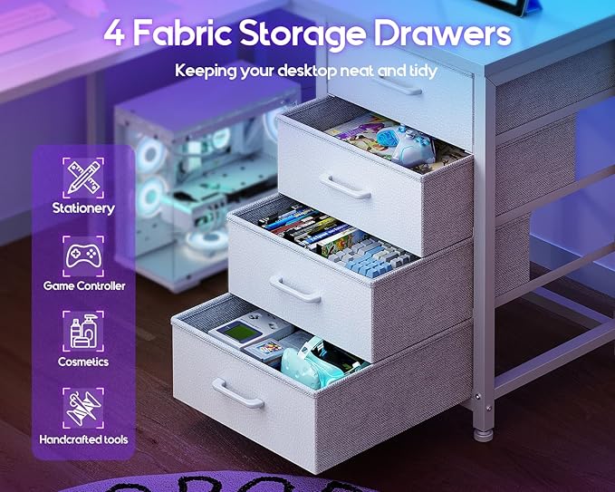 MOTPK 43” L Shaped Gaming Desk for Small Rooms, Compact Corner Computer Table with Shelf & Hutch, 4 Drawers, Reversible Study Table with LED Light, Power Outlets & USB Ports, Home Office Table, White