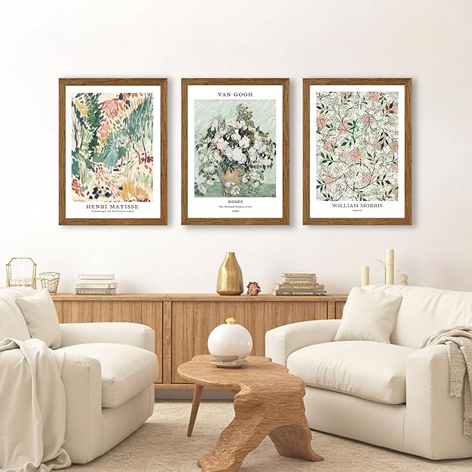 InspiredHues Matisse Van Gogh Morris Canvas Wall Art Set of 3, Sage Green Beige Neutral Flower Wall Decor, Vintage Botanical Art Prints for Living Room Bedroom Office Home Decoration 16x24 Wood Framed