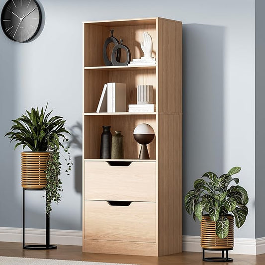 Bookcase with 2 Drawers, 63" 3-Tier Bookshelf with Storage, 3 Shelf Bookshelf with Adjustable Shelf, Modern Bookshelf, Open Shelves Bookcase for Study, Bedroom & Home Office, Oak