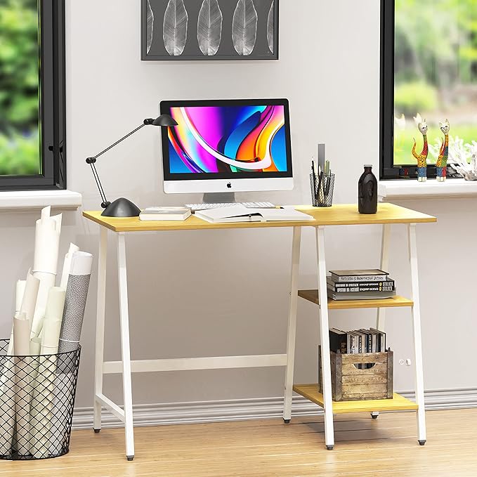 SHW 43-Inch Home Office Trestle Computer Desk with Open Storage Shelves, Oak