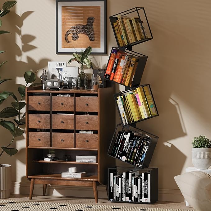 5-Tier Metal Bookshelf – Modern Geometric Narrow Bookcase with Matte Black Finish, Tall Storage Organizer Display Shelf for Living Room, Bedroom, Office, Small Spaces