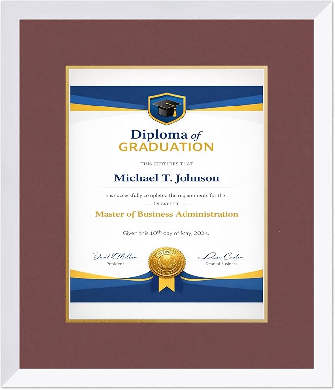 Diploma Frame Bright White with Dark Red Over Gold Double Mat - Fits 11 x 14 College Diploma (Portrait) Wall Display Made in the USA