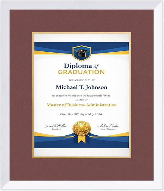 Diploma Frame Bright White with Dark Red Over Gold Double Mat - Fits 11 x 14 College Diploma (Portrait) Wall Display Made in the USA