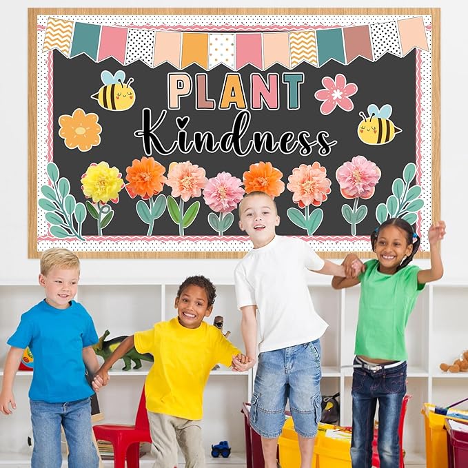 Justforjoyful Spring Bulletin Board Decorations Flower Bulletin Board Set with 3D Tissue Paper Pompoms Bees Cutouts Plant Kindness Floral Decor for School Classroom Home Nursery Chalkboard Wall