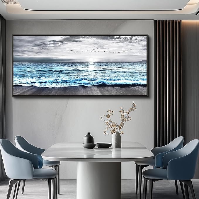 Wapluam Large Wall Art For Living Room Wall Decor For Office Black And White Painting Bedroom Wall Decorations Blue Sea Wave Pictures Artwork For Modern Black Framed Beach Canvas Prints Poster