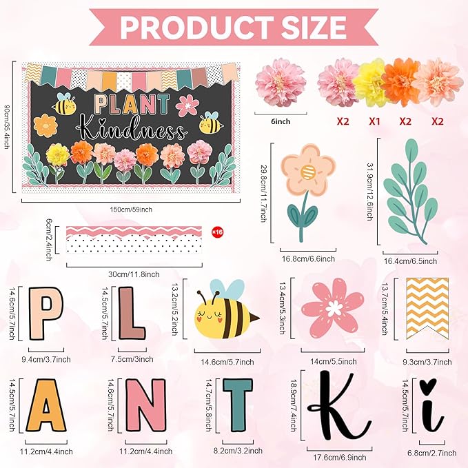Justforjoyful Spring Bulletin Board Decorations Flower Bulletin Board Set with 3D Tissue Paper Pompoms Bees Cutouts Plant Kindness Floral Decor for School Classroom Home Nursery Chalkboard Wall
