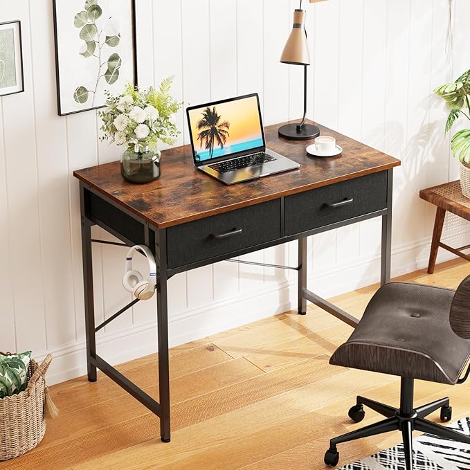 Casaottima 32 Inch Small Office Computer Desk with 2 Drawers & Headphone Hook - Compact Writing Desk for Home Office, Study or Work, Modern Space-Saving Design for Small Spaces, Pure Vintage