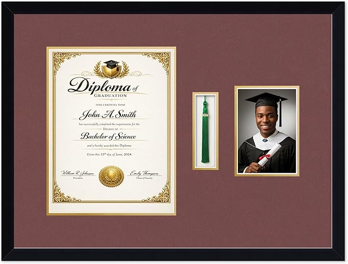 CountryArtHouse Diploma Tassel and Photo Shadowbox Fits 10 x 13 College Diploma (Portrait Traditional) W Matte Black Genuine Hardwood with Dark Red Over Metallic Gold Double mat