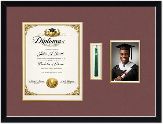 CountryArtHouse Diploma Tassel and Photo Shadowbox Fits 10 x 13 College Diploma (Portrait Traditional) W Matte Black Genuine Hardwood with Dark Red Over Metallic Gold Double mat