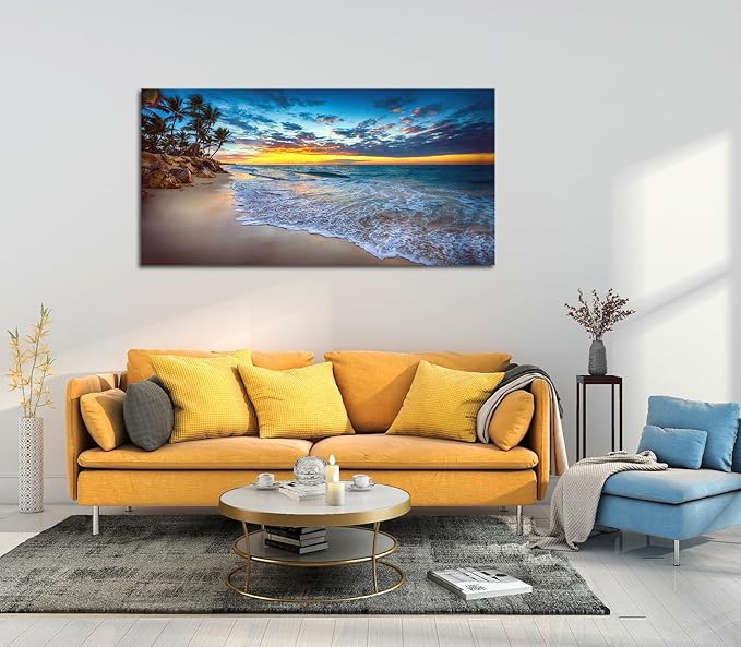 Large Sunset Beach Canvas Wall Art for Living Room Coastal Painting Wall Decor Seascape Picture Nature Ocean Artwork Poster Print for Office Bedroom Decoration 24"x48"