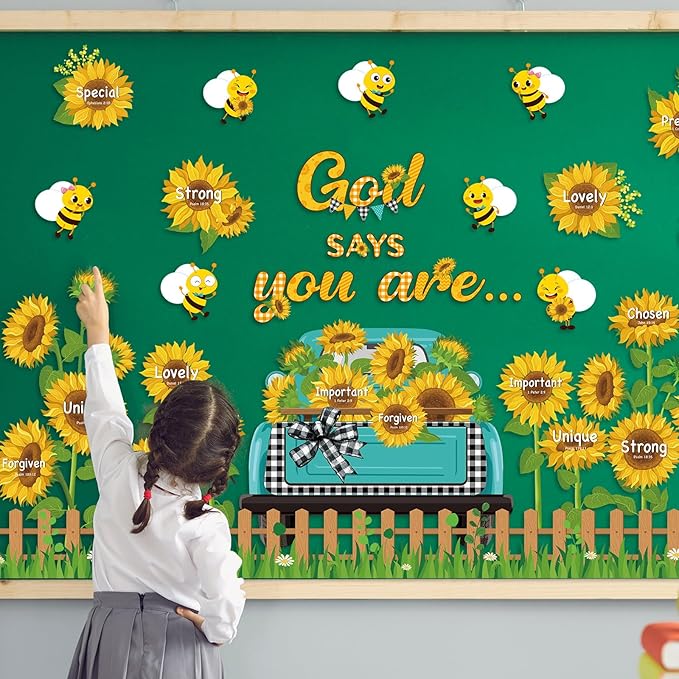 Religious Sunflower Bulletin Board Decorations Set Magnetic Bee Truck Cutouts God Says You are Bulletin Board Decor for Back to School Church Classroom Wall Decor