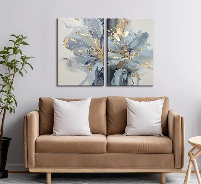 2Pcs Neutral Abstract Floral Canvas Wall Art Luxurious Light Blue Grey And Gold Flower Painting Pictures Wall Decor Poster Print Artwork for Living Room Bedroom Bathroom Home Decoration