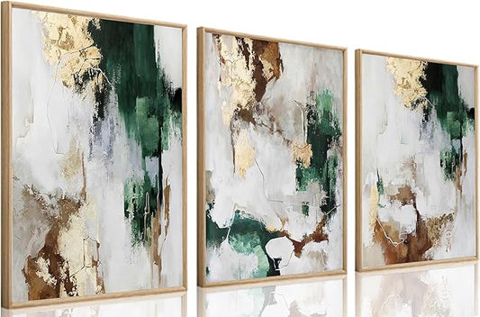 3Pcs Green and Gold Canvas Wall Art Abstract Posters Print Brown and Gray Line Pictures Decor for Living Room Bedroom Bathroom Home Decoration Unframed
