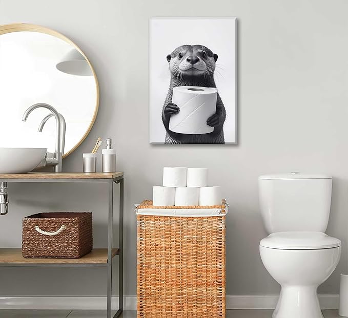 Bathroom Animal Canvas Wall Art Funny Raccoon Wall Decor Black and White Otter Print Picture Farmhouse Bathroom Painting for Restroom Decoration Framed