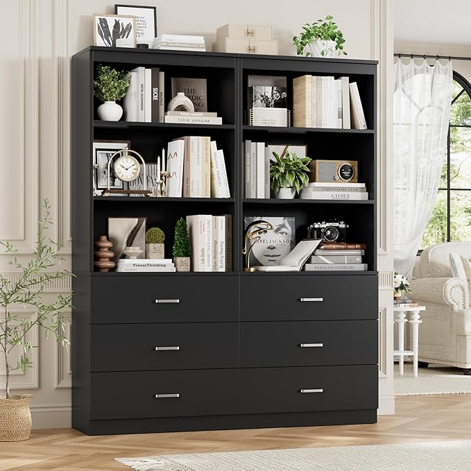 FOTOSOK 71“H Black Bookshelf with Drawers, Bookshelf and Bookcase with 3-Tier Open Shelves, Tall Bookcase Tall Storage Cabinet for Home Office