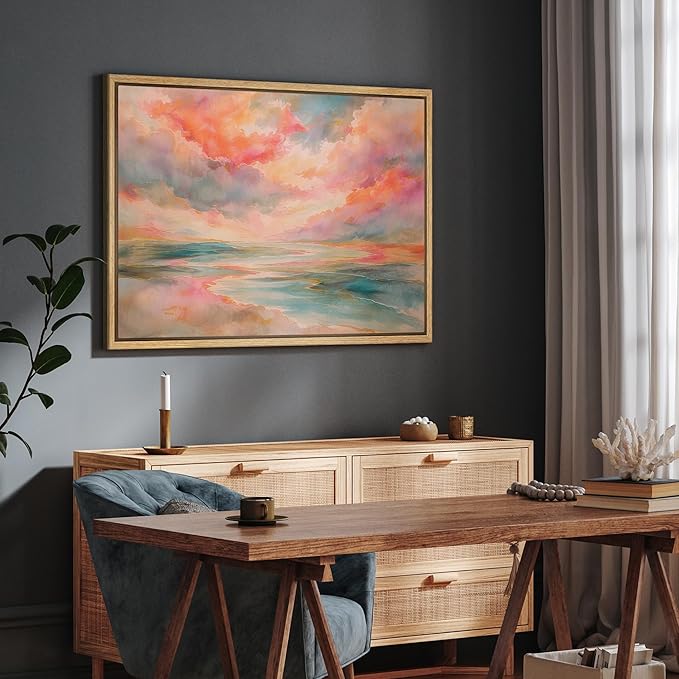 SIGNFORD Framed Canvas Print Wall Art Crimson Glow Over Sea and Sky Illustration Minimalism Decorative Colorful Mid-Century for Living Room, Bedroom, Office - 16"x24" NATURAL