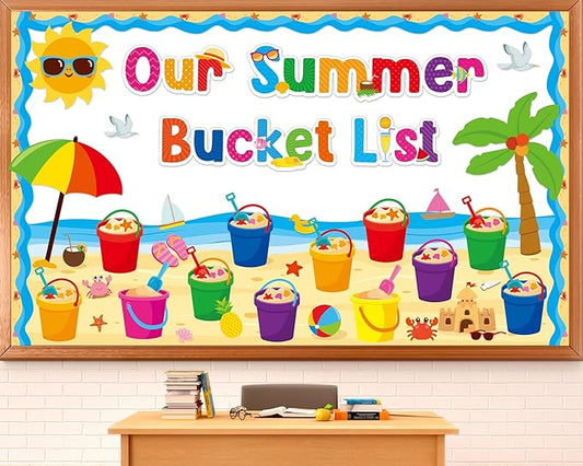 48Pcs Summer Bulletin Board Classroom Decorations Our Summer Bucket List Cutouts Hawaii Sun Beach Name Tags Tropical Hawaii Bucket List Paper Cutouts for Office School Home Chalkboard Classroom Decor