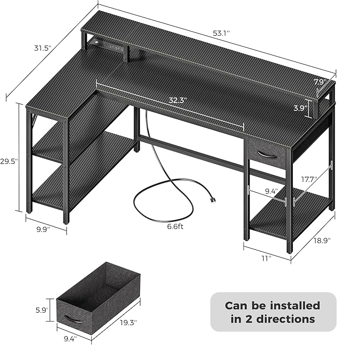 SUPERJARE 53 inch Reversible L Shaped Desk with LED Lights & Power Outlets, Computer Desk with Shelves & Monitor Stand, Gaming Desk with Drawer, Home Office Desk, Carbon Fiber Black