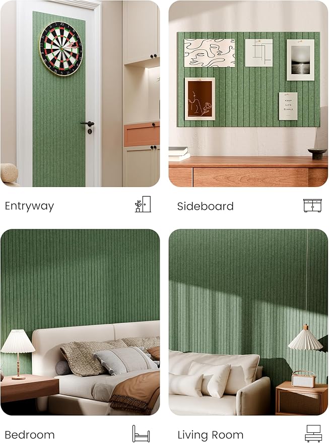 Bumusty Large Cork Board Alternative-36 x 24" Felt Bulletin Board Tiles, with 30 Pushpins, 40 Adhesive Tabs, 6-Pack Slat Wall Paneling, Cork Boards for Office Push Pin Board Felt Board-Moss Green