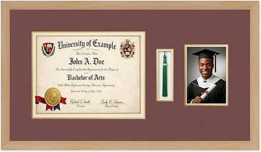 CountryArtHouse Diploma Tassel and Photo Shadowbox Fits 13 x 10 College Diploma (Traditional) with TASS Natural Wood Genuine Hardwood with Dark Red Over Metallic Gold Double mat