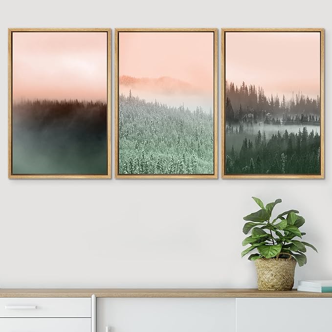 SIGNWIN Framed Canvas Print Wall Art Set Duotone Orange Green Mountain Forest Nature Wilderness Photography Modern Art Rustic Scenic Relax/Calm for Living Room, Bedroom, Office - 24"x36"x3 Natural