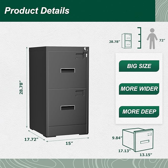 Superday 2 Drawer File Cabinets, 18” D Vertical File Cabinet with Lock, Locking Filing Cabinet for Home Office, Black Metal Filing Cabinets for Hanging Letter/Legal Folders, Easy Assemble