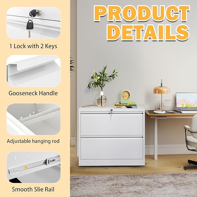 2 Drawer Lateral File Cabinet with Lock, Metal Lateral Filing Cabinets for Home Office, File Cabinet, File Storage Cabinet for Legal/Letter/A4 Documents, Assembly Required, White, 26'W