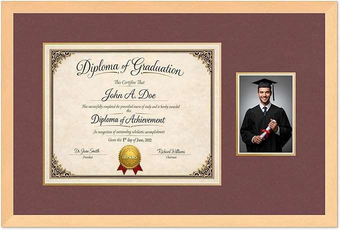Diploma Frame With Photo Opening Natural Wood Dark Red Over Gold Mat - Fits 15 x 12 Degree and Picture Made in the USA